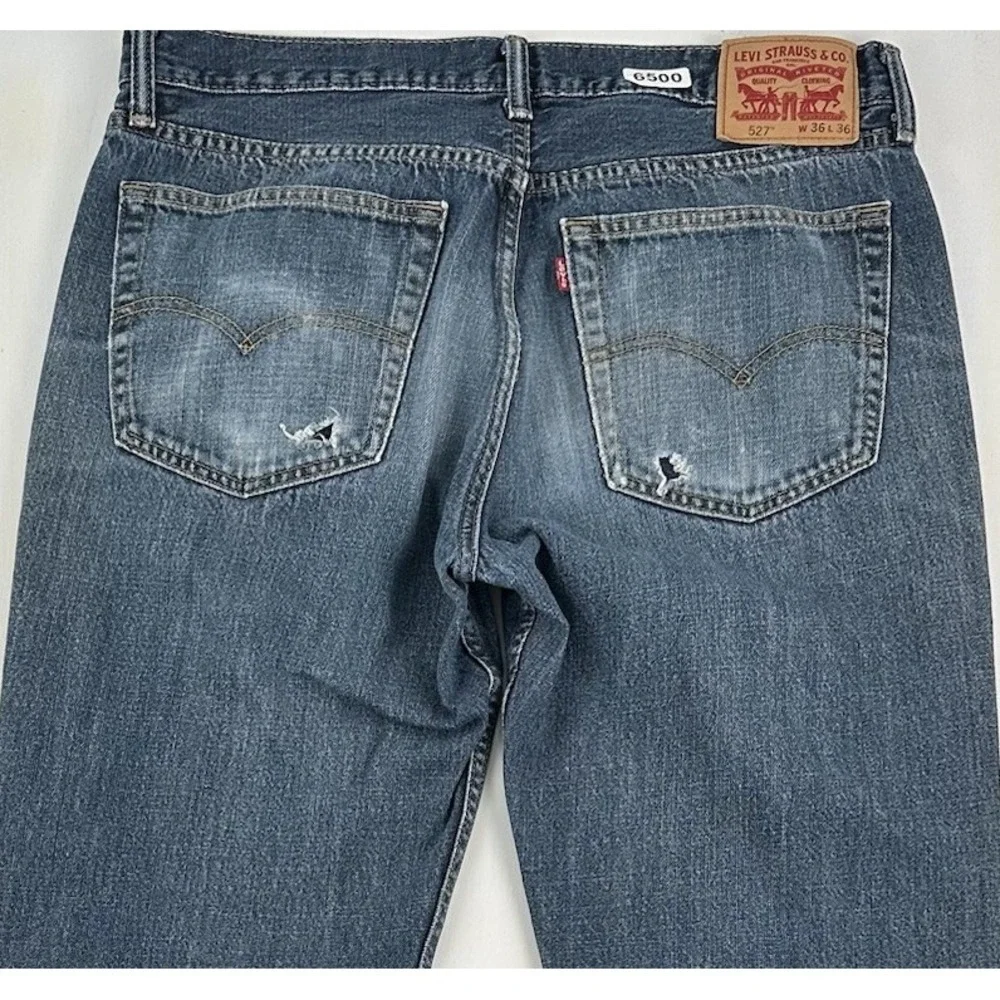 Y2K Levi’s 527 Boot Cut Jeans Men’s Fits 36x32 Blue Distressed Cowboy Whiskered